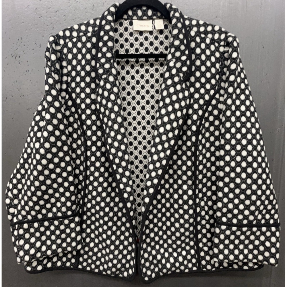 Chicos Blazer Jacket Sz 3 / XL Black White Polka Dot Open Business Chic Casual